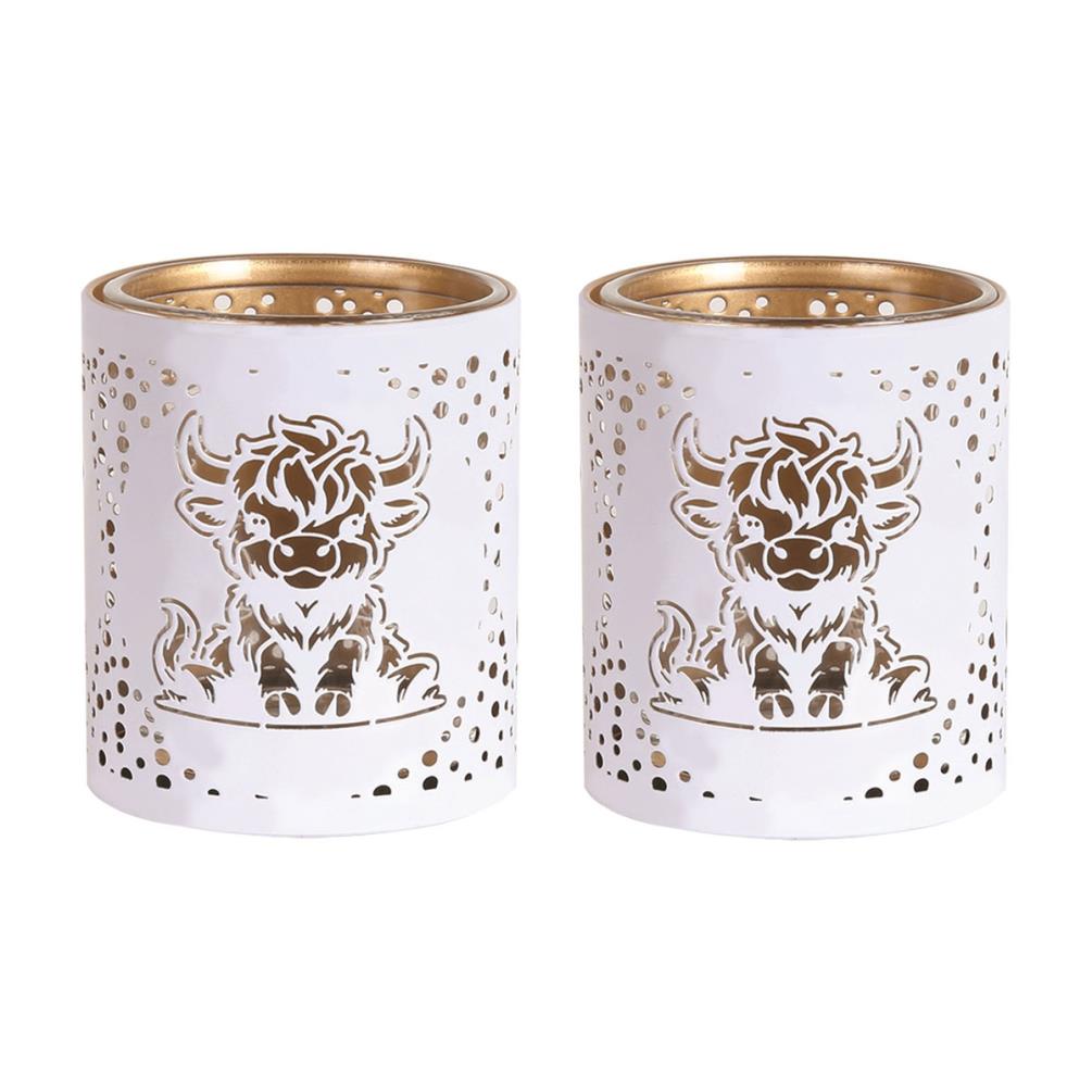 Aroma White & Gold Highland Cow 2 Tealight & Votive Holder Set Extra Image 1